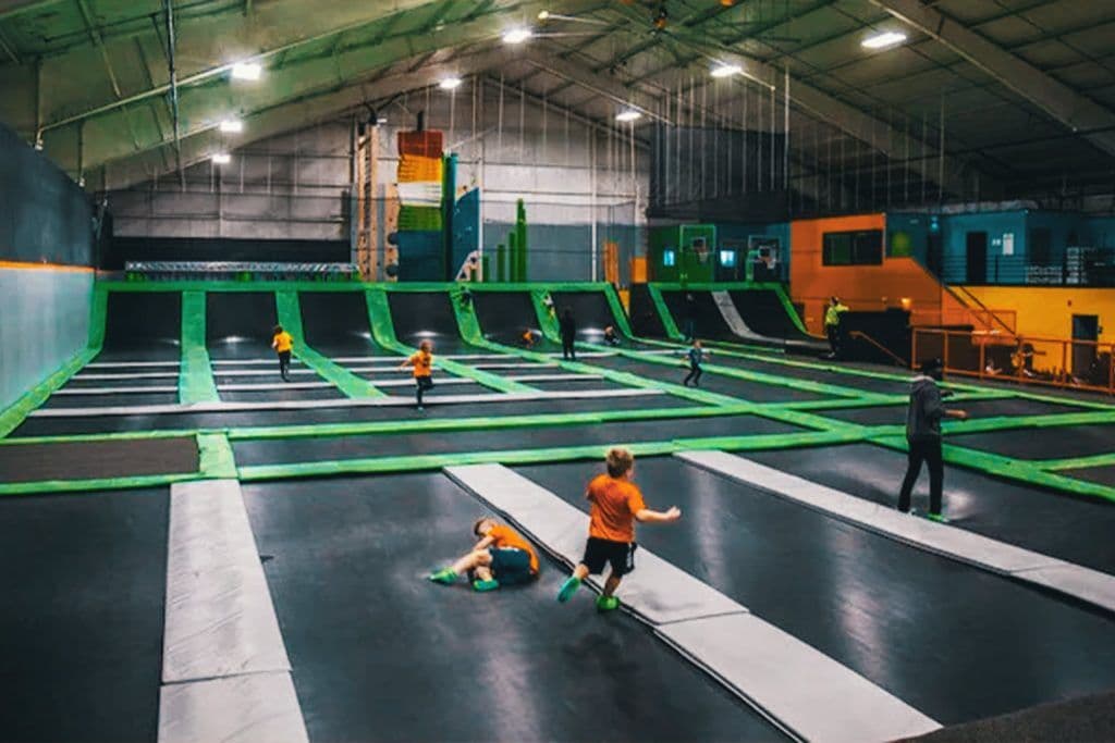 A Next Level Parks installation at AirFX Hiawatha, Iowa: a vibrant, colorful indoor trampoline park built in the USA